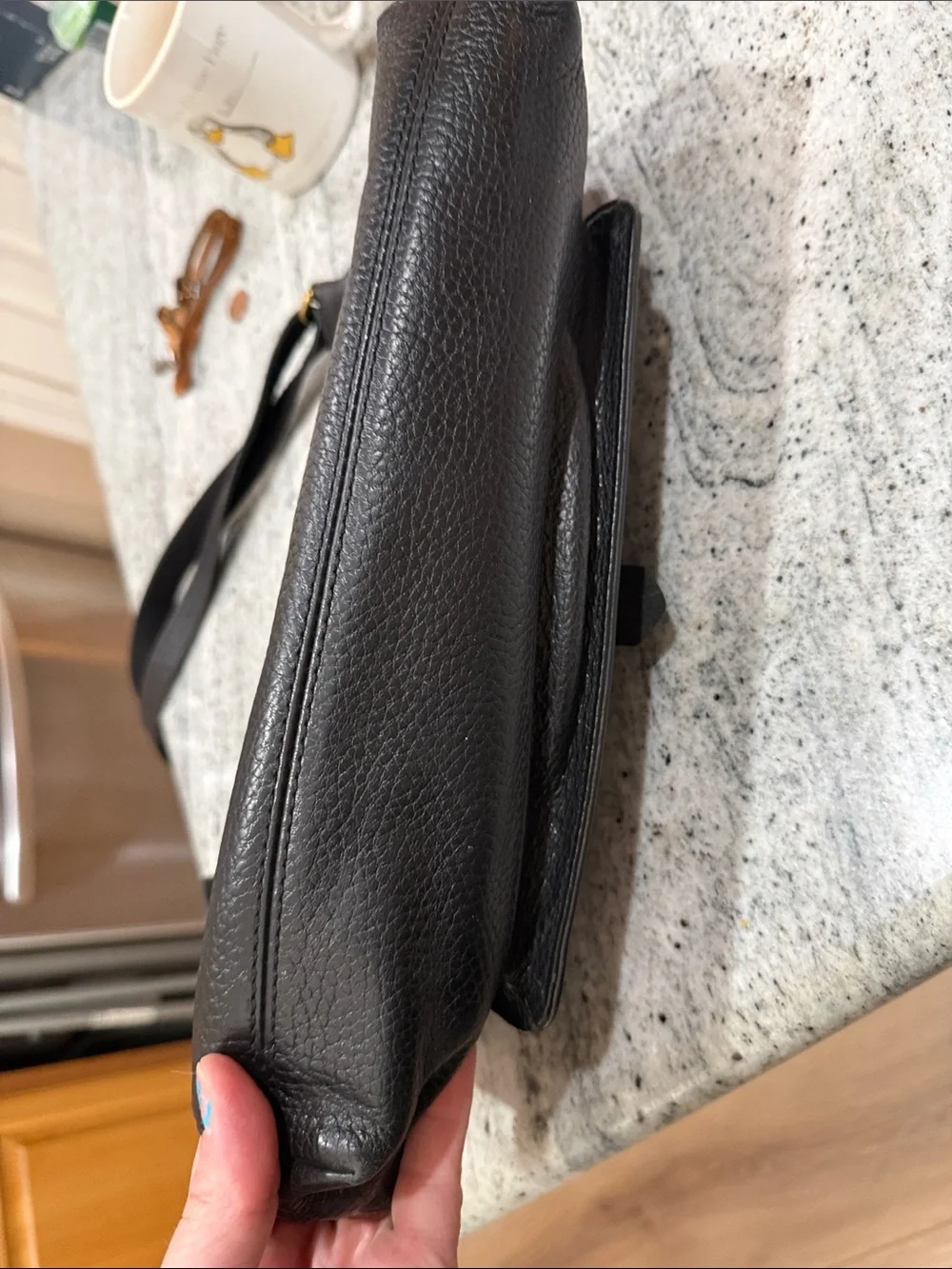Vintage Fossil Black Leather Messenger Bag with Gold Hardware